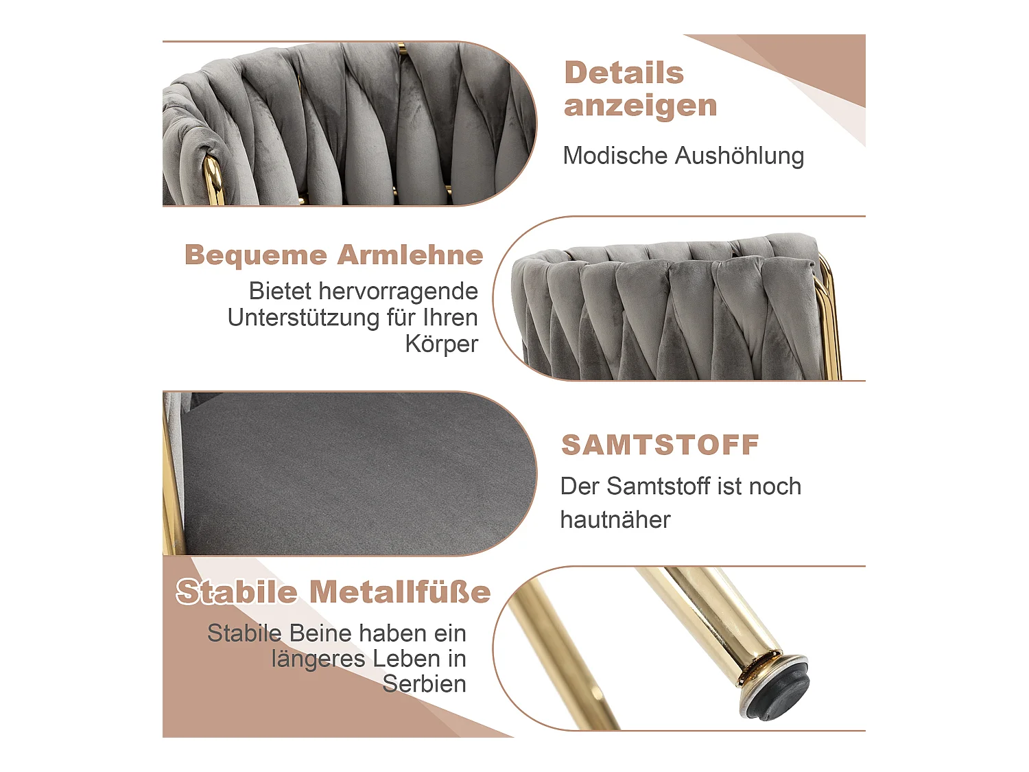 Lot de 2 chaises de salle à manger - 55.5 x 50 x 74 cm - pieds métal doré + coussins moelleux - velours - gris