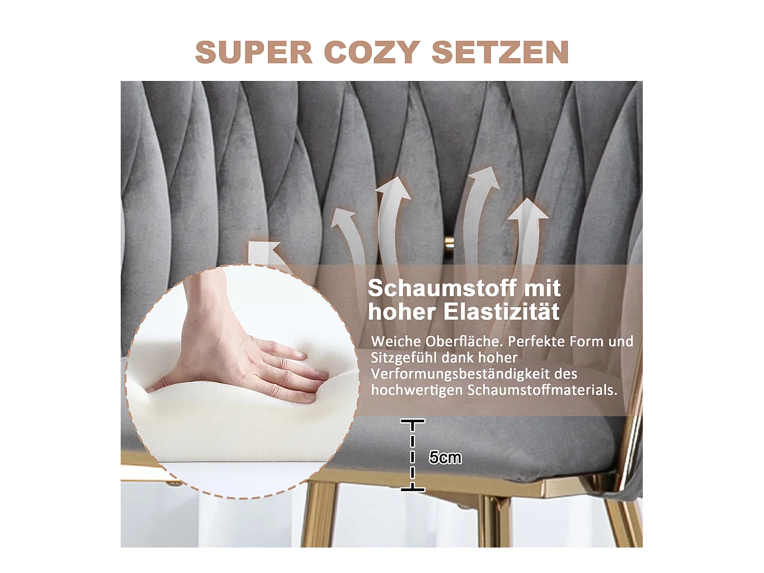 Lot de 2 chaises de salle à manger - 55.5 x 50 x 74 cm - pieds métal doré + coussins moelleux - velours - gris