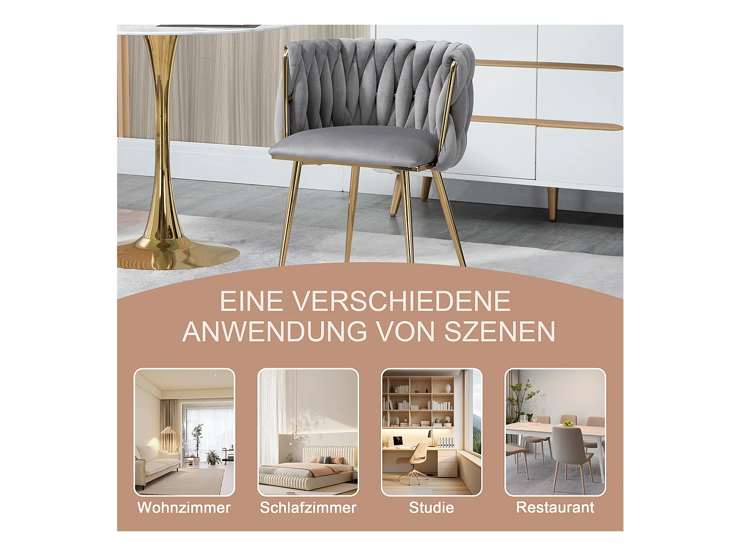 Lot de 2 chaises de salle à manger - 55.5 x 50 x 74 cm - pieds métal doré + coussins moelleux - velours - gris