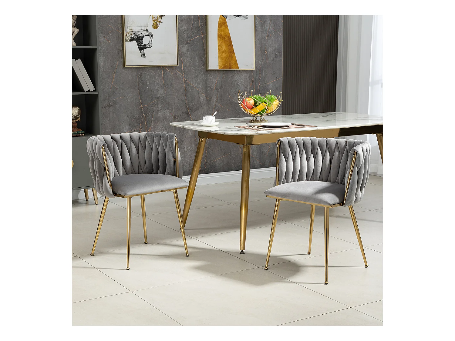 Lot de 2 chaises de salle à manger - 55.5 x 50 x 74 cm - pieds métal doré + coussins moelleux - velours - gris