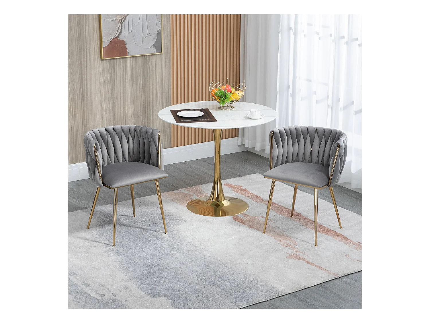 Lot de 2 chaises de salle à manger - 55.5 x 50 x 74 cm - pieds métal doré + coussins moelleux - velours - gris