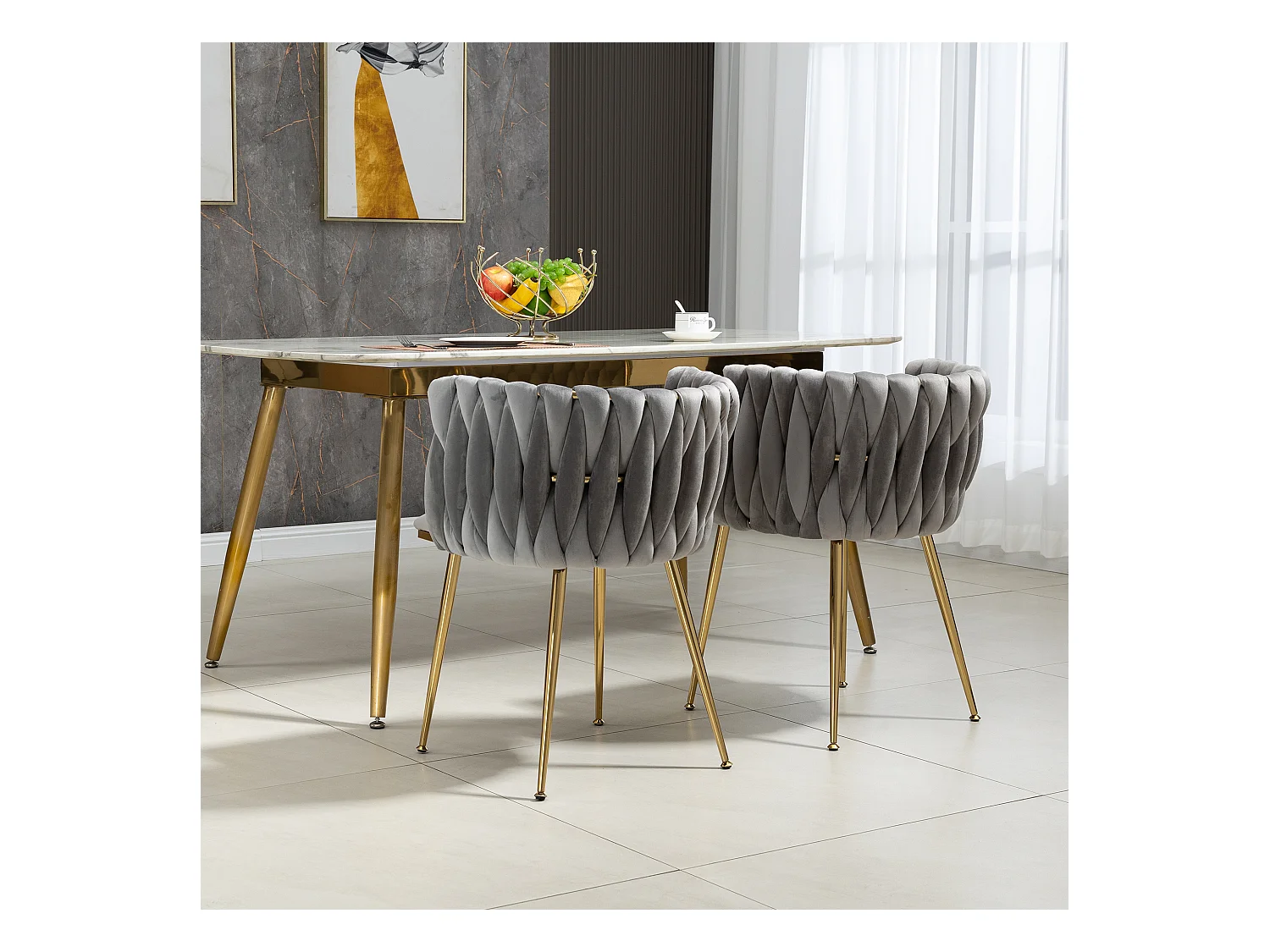 Lot de 2 chaises de salle à manger - 55.5 x 50 x 74 cm - pieds métal doré + coussins moelleux - velours - gris