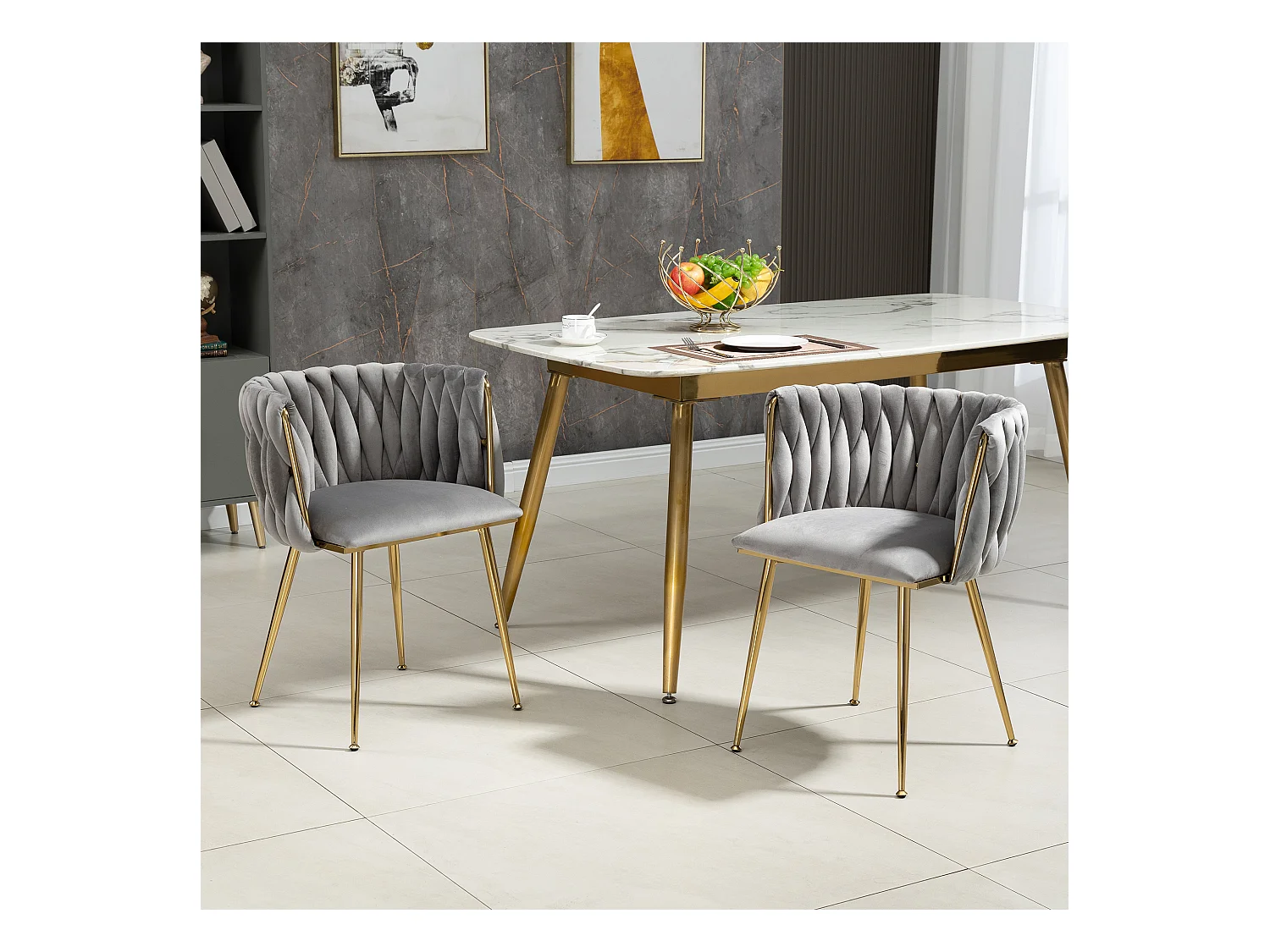 Juego de 2 sillas de comedor - 55,5 x 50 x 74 cm - patas de metal dorado + cojines suaves - terciopelo - gris