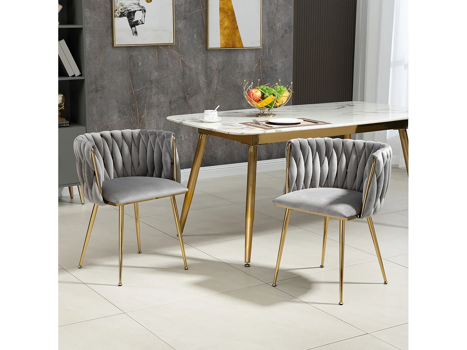 Juego de 2 sillas de comedor - 55,5 x 50 x 74 cm - patas de metal dorado + cojines suaves - terciopelo - gris