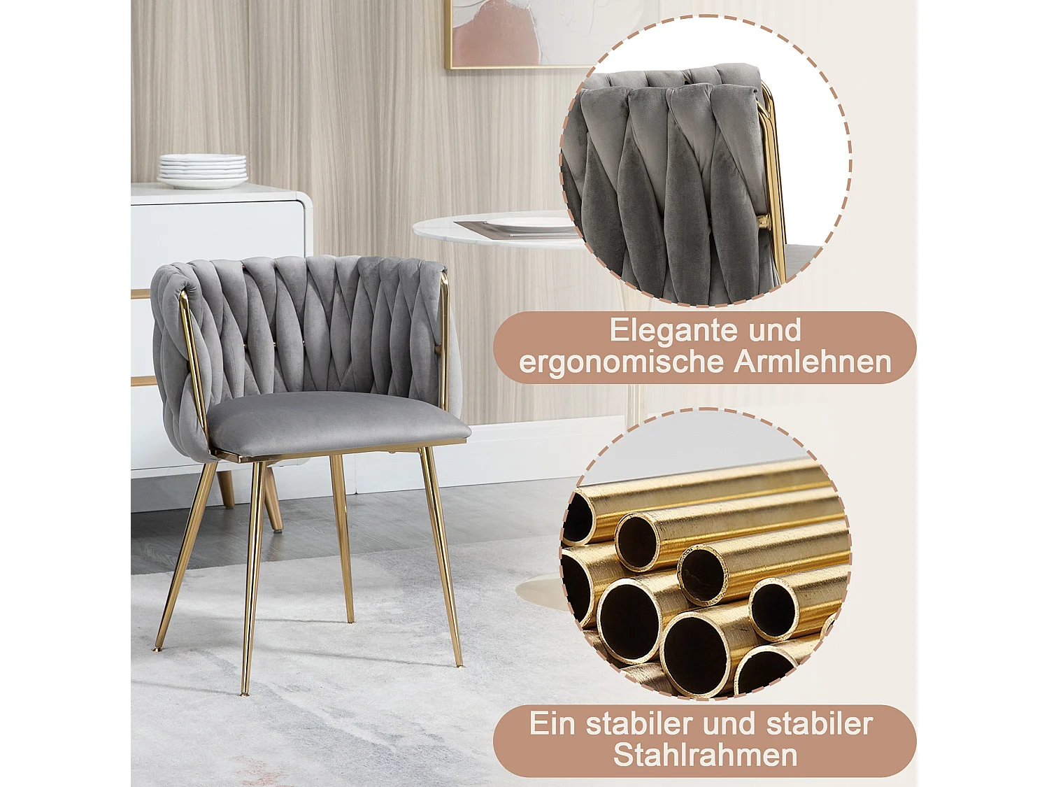 Juego de 2 sillas de comedor - 55,5 x 50 x 74 cm - patas de metal dorado + cojines suaves - terciopelo - gris