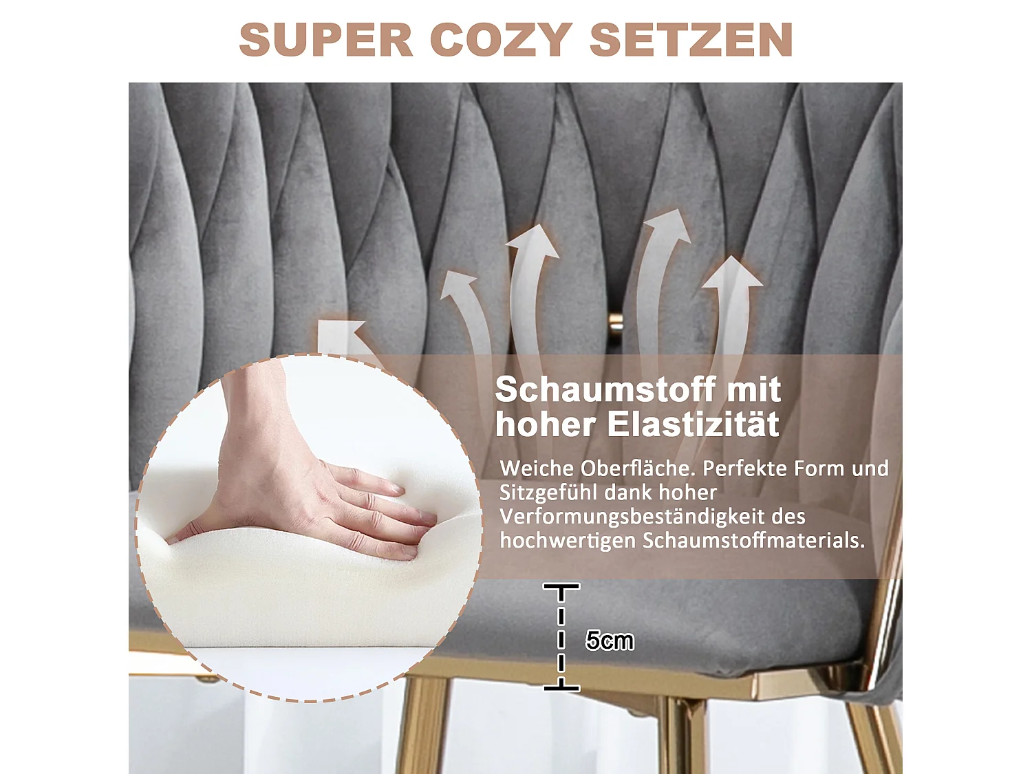 Juego de 2 sillas de comedor - 55,5 x 50 x 74 cm - patas de metal dorado + cojines suaves - terciopelo - gris