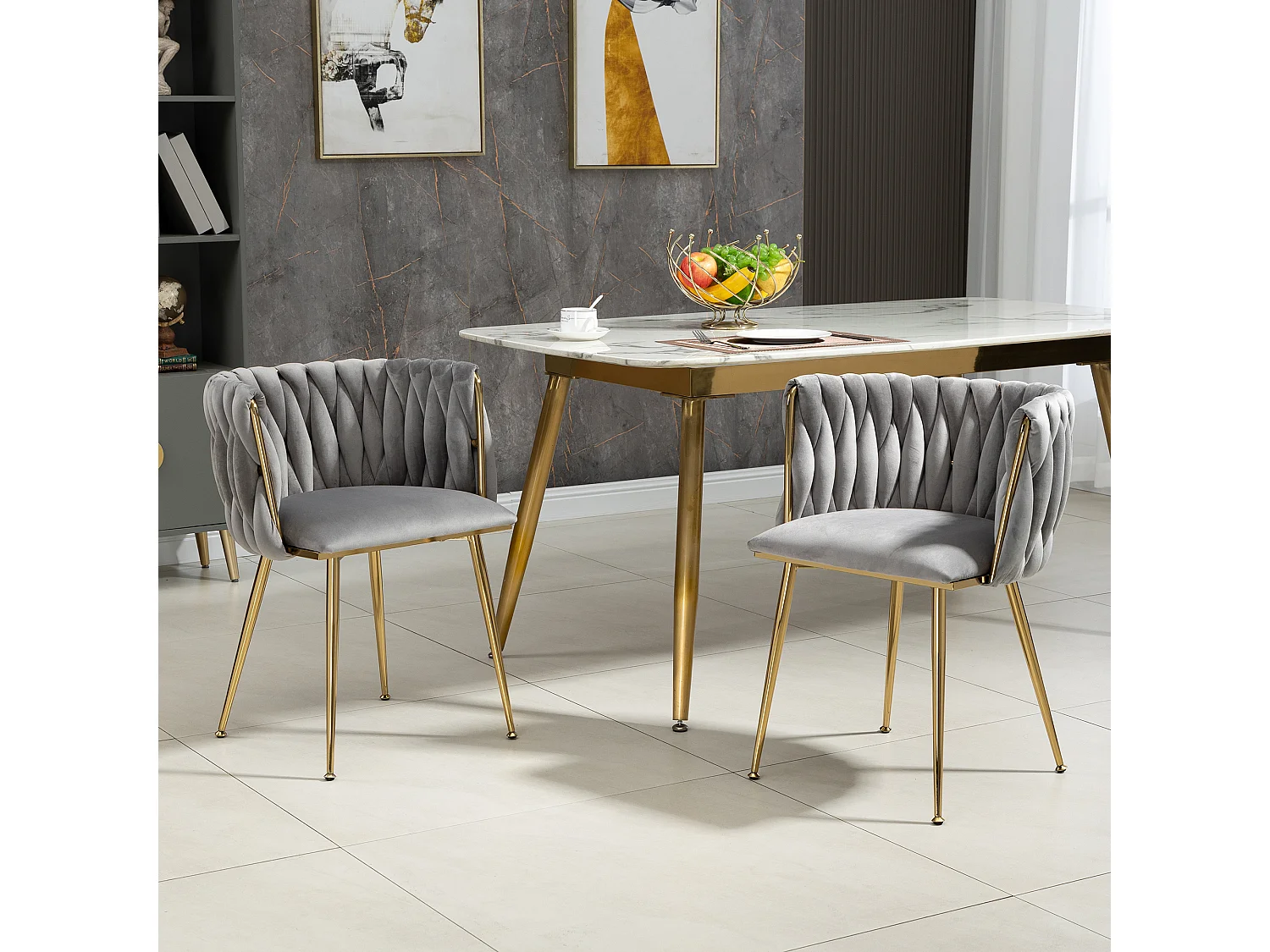 Juego de 2 sillas de comedor - 55,5 x 50 x 74 cm - patas de metal dorado + cojines suaves - terciopelo - gris
