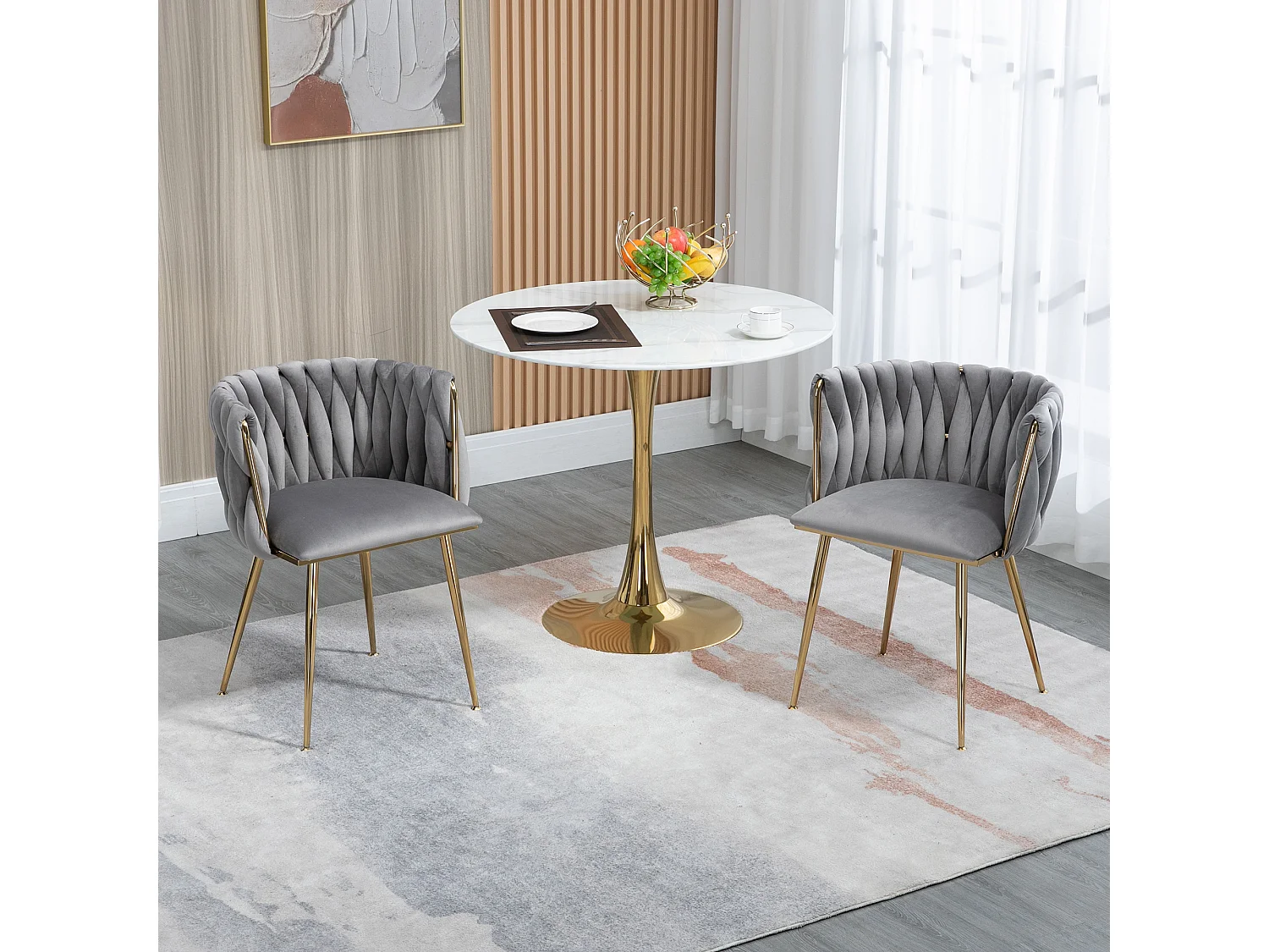 Juego de 2 sillas de comedor - 55,5 x 50 x 74 cm - patas de metal dorado + cojines suaves - terciopelo - gris