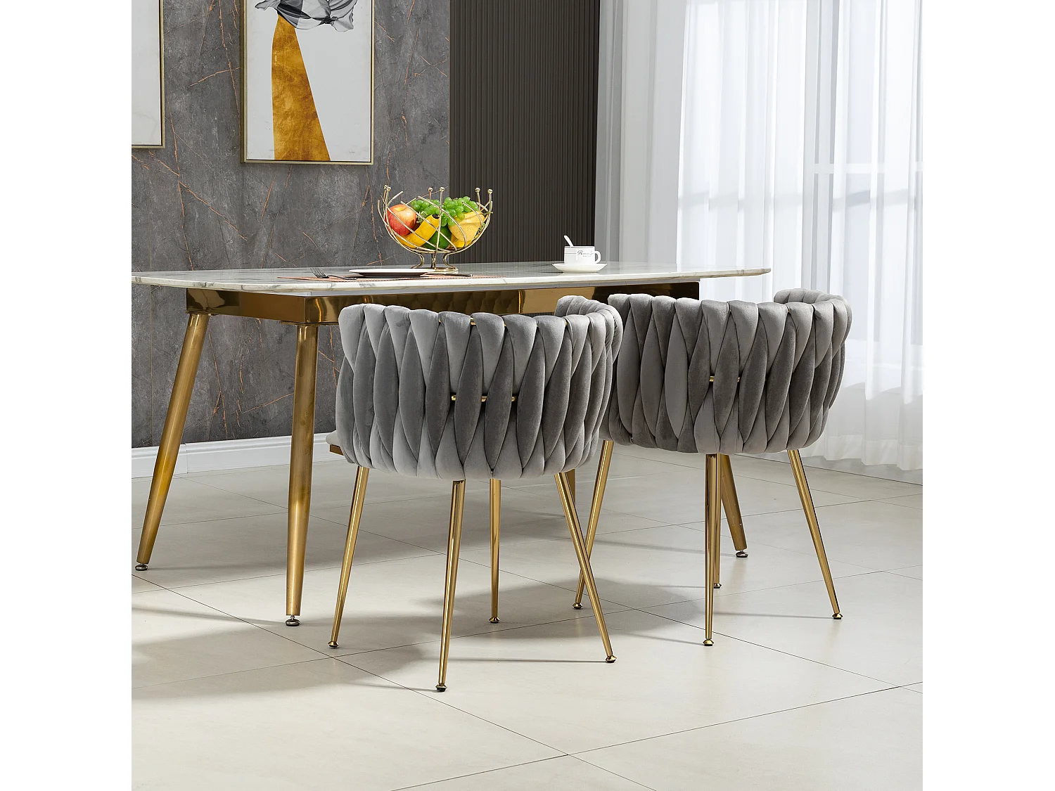 Juego de 2 sillas de comedor - 55,5 x 50 x 74 cm - patas de metal dorado + cojines suaves - terciopelo - gris
