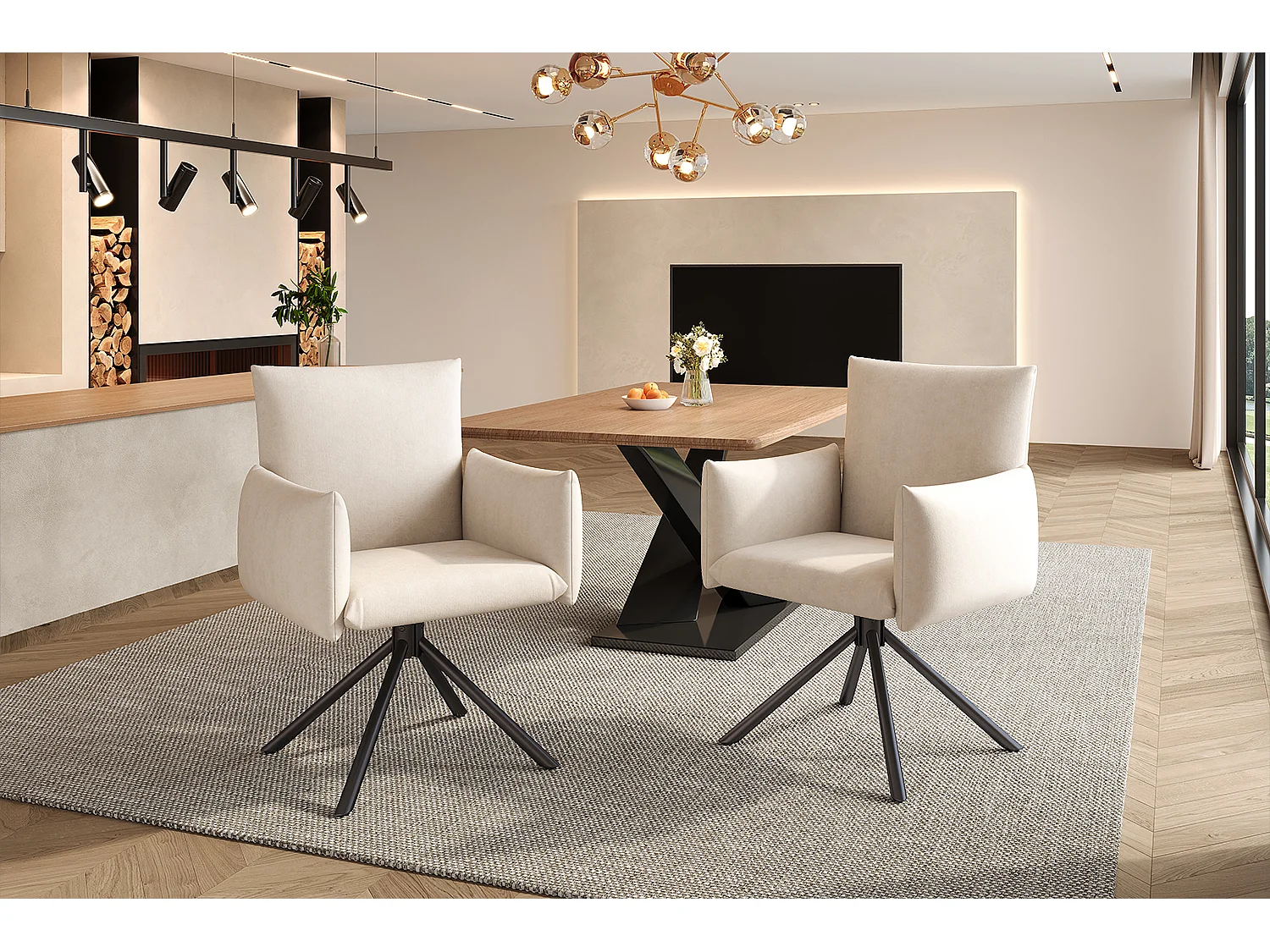 Set van 6 eetkamerstoelen - 60 x 60 x 88 cm - gestoffeerde stoelen - 360° draaibaar - fluweel - beige