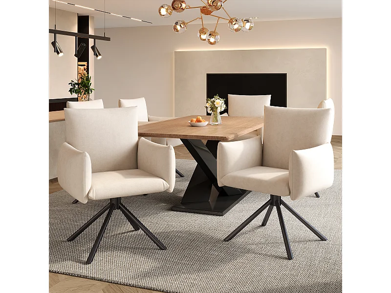 Set van 6 eetkamerstoelen - 60 x 60 x 88 cm - gestoffeerde stoelen - 360° draaibaar - fluweel - beige