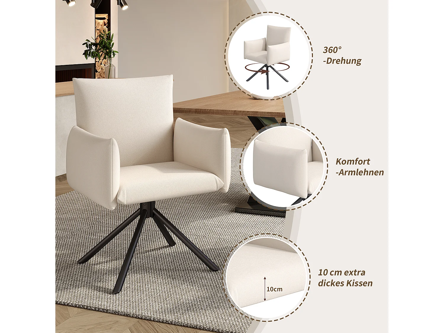 Set van 6 eetkamerstoelen - 60 x 60 x 88 cm - gestoffeerde stoelen - 360° draaibaar - linnen - beige