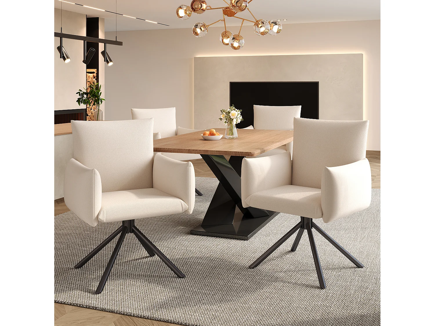 Set van 6 eetkamerstoelen - 60 x 60 x 88 cm - gestoffeerde stoelen - 360° draaibaar - linnen - beige
