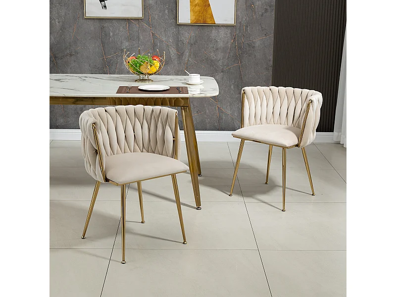 Lot de 2 chaises de salle à manger - 55.5 x 50 x 74 cm - pieds métal doré + coussins moelleux - velours - ivoire