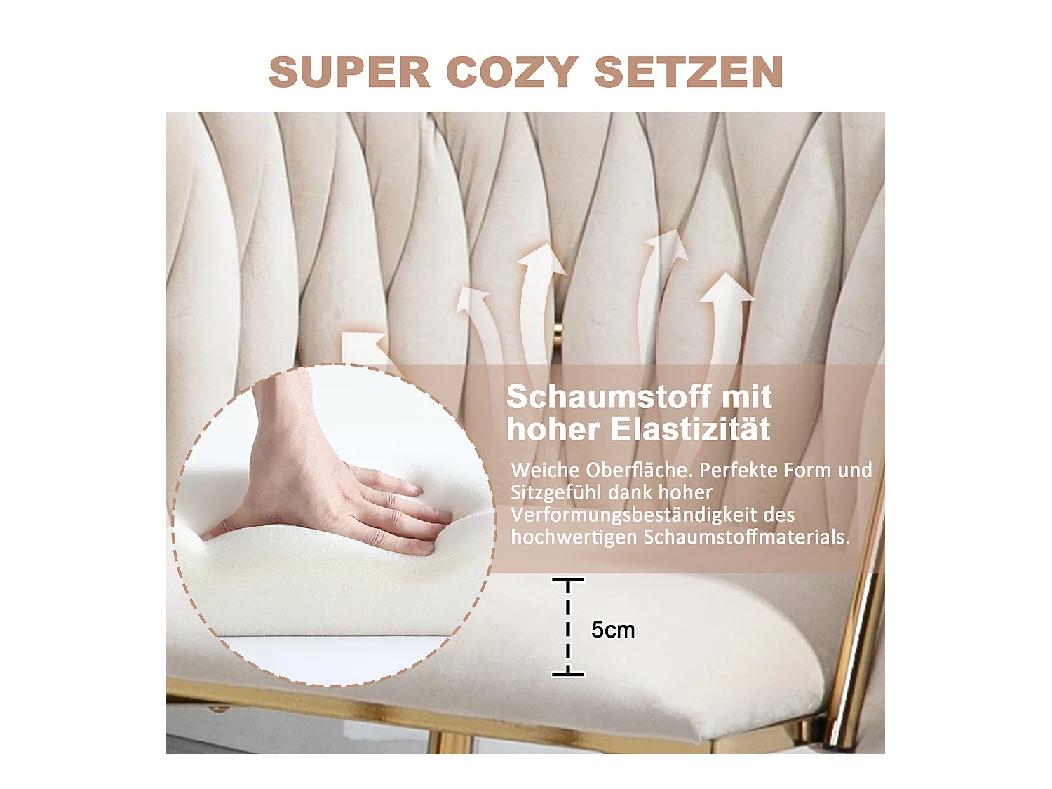 Lot de 2 chaises de salle à manger - 55.5 x 50 x 74 cm - pieds métal doré + coussins moelleux - velours - ivoire