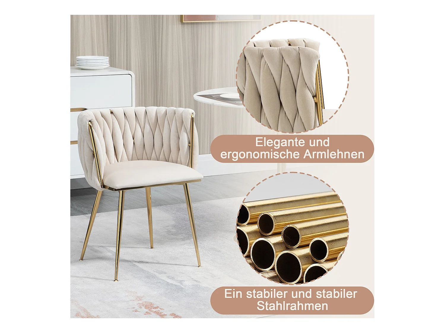 Lot de 2 chaises de salle à manger - 55.5 x 50 x 74 cm - pieds métal doré + coussins moelleux - velours - ivoire