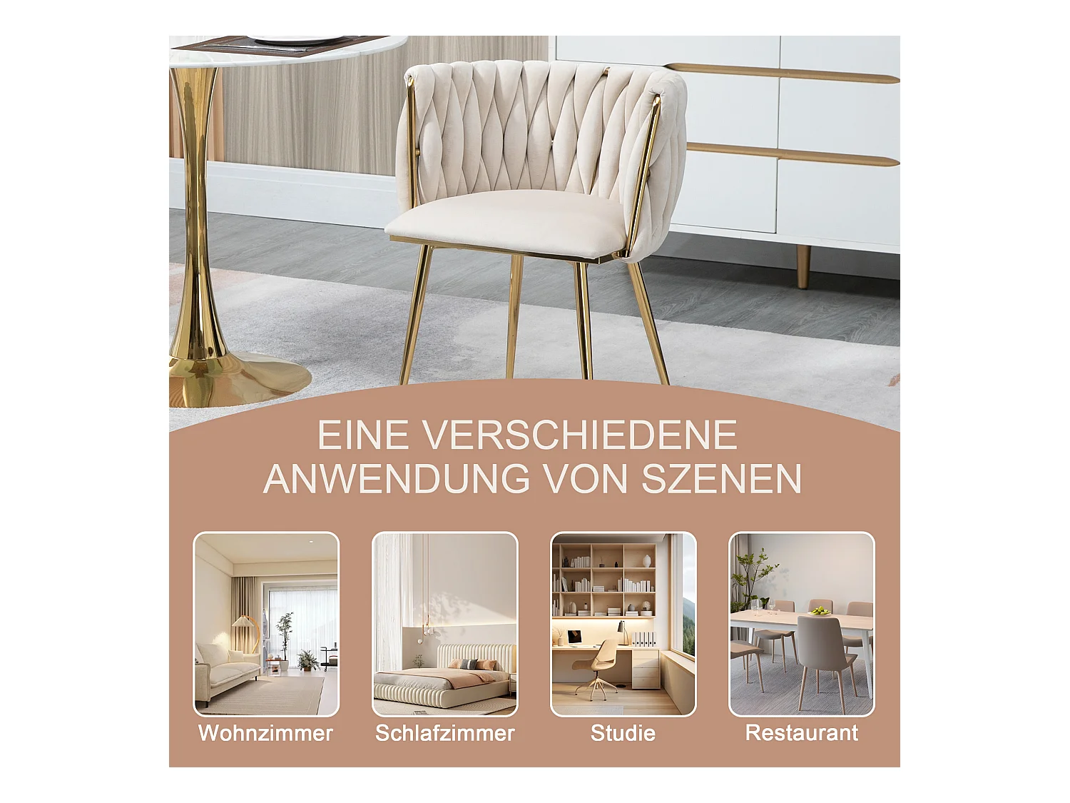 Lot de 2 chaises de salle à manger - 55.5 x 50 x 74 cm - pieds métal doré + coussins moelleux - velours - ivoire