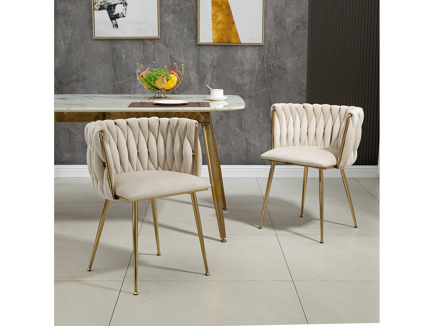 Lot de 2 chaises de salle à manger - 55.5 x 50 x 74 cm - pieds métal doré + coussins moelleux - velours - ivoire