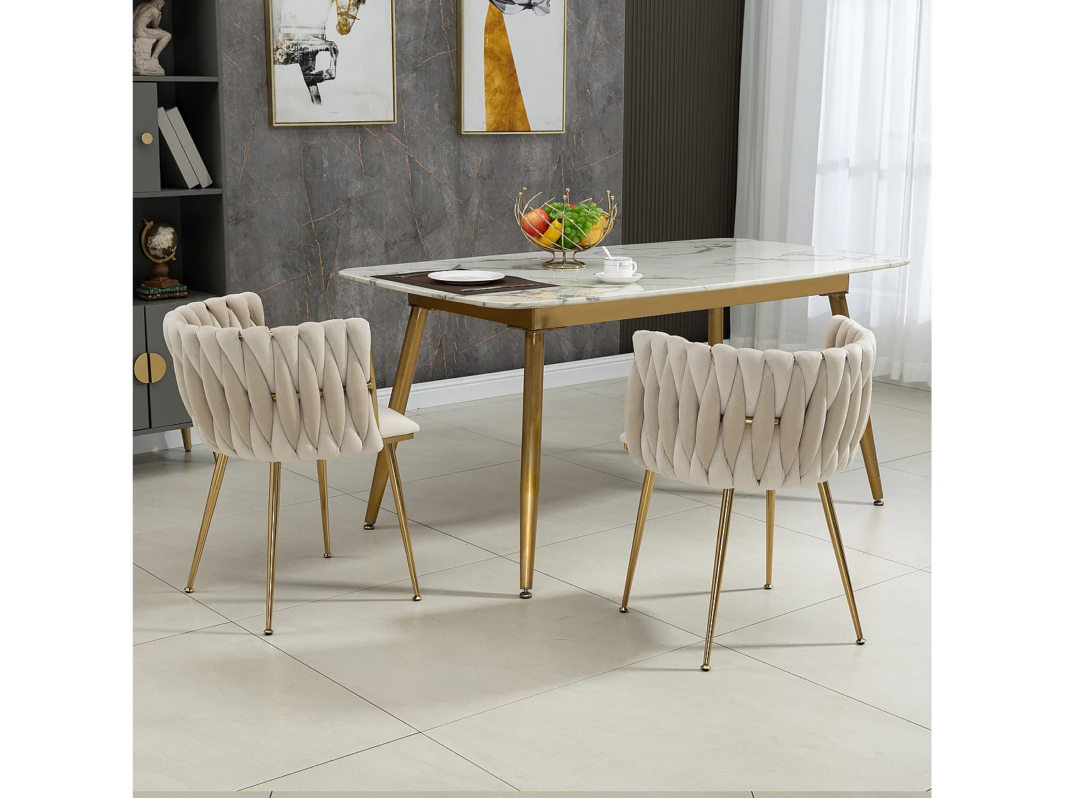 Lot de 2 chaises de salle à manger - 55.5 x 50 x 74 cm - pieds métal doré + coussins moelleux - velours - ivoire