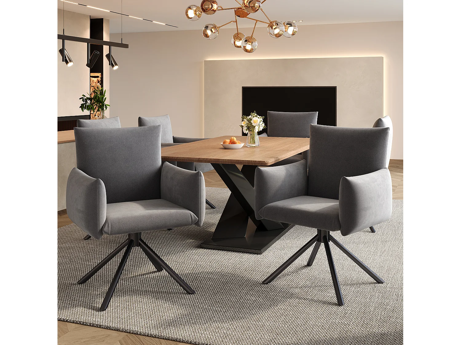 Lot de 6 chaises de salle à manger - 60 x 60 x 88 cm - chaises rembourré - pivotante à 360 ° - velours - gris