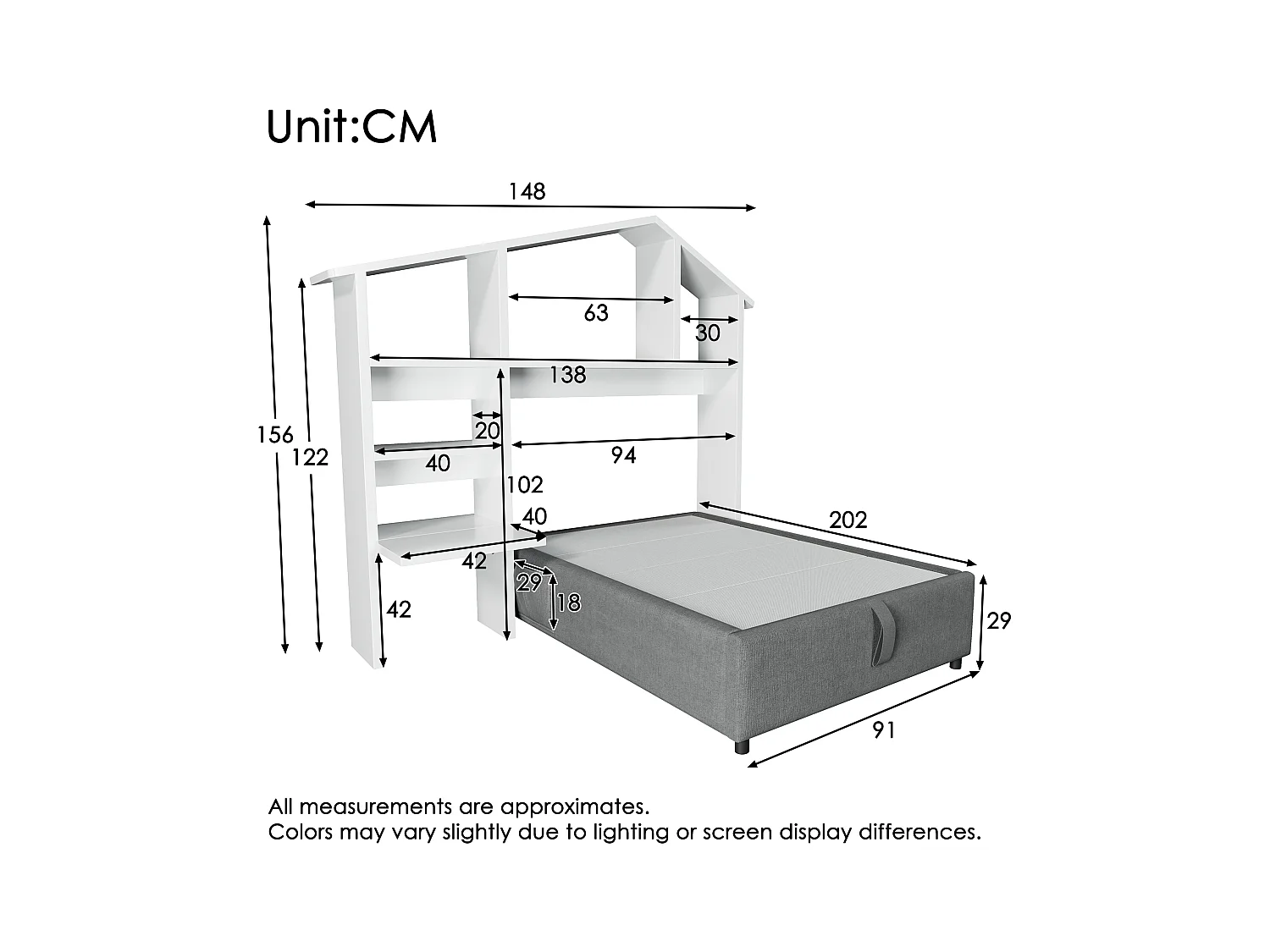 Lit enfant rembourré - 90 x 200 cm - avec bibliothèque + rangement hydraulique + USB - lin + bois - gris