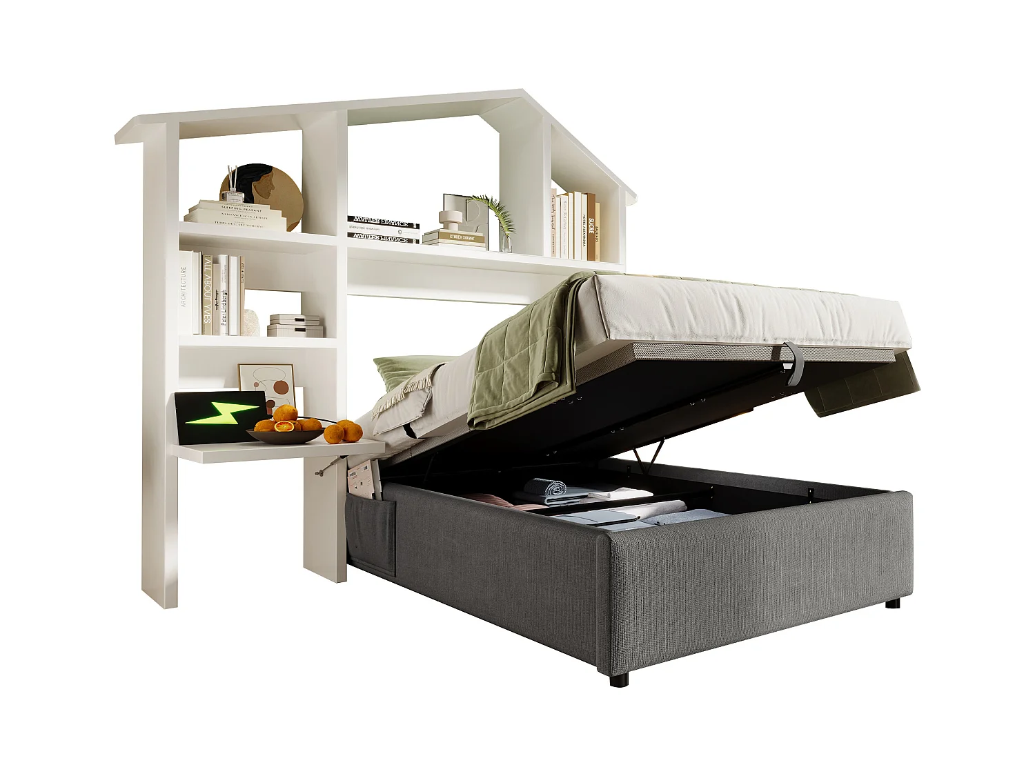 Lit enfant rembourré - 90 x 200 cm - avec bibliothèque + rangement hydraulique + USB - lin + bois - gris