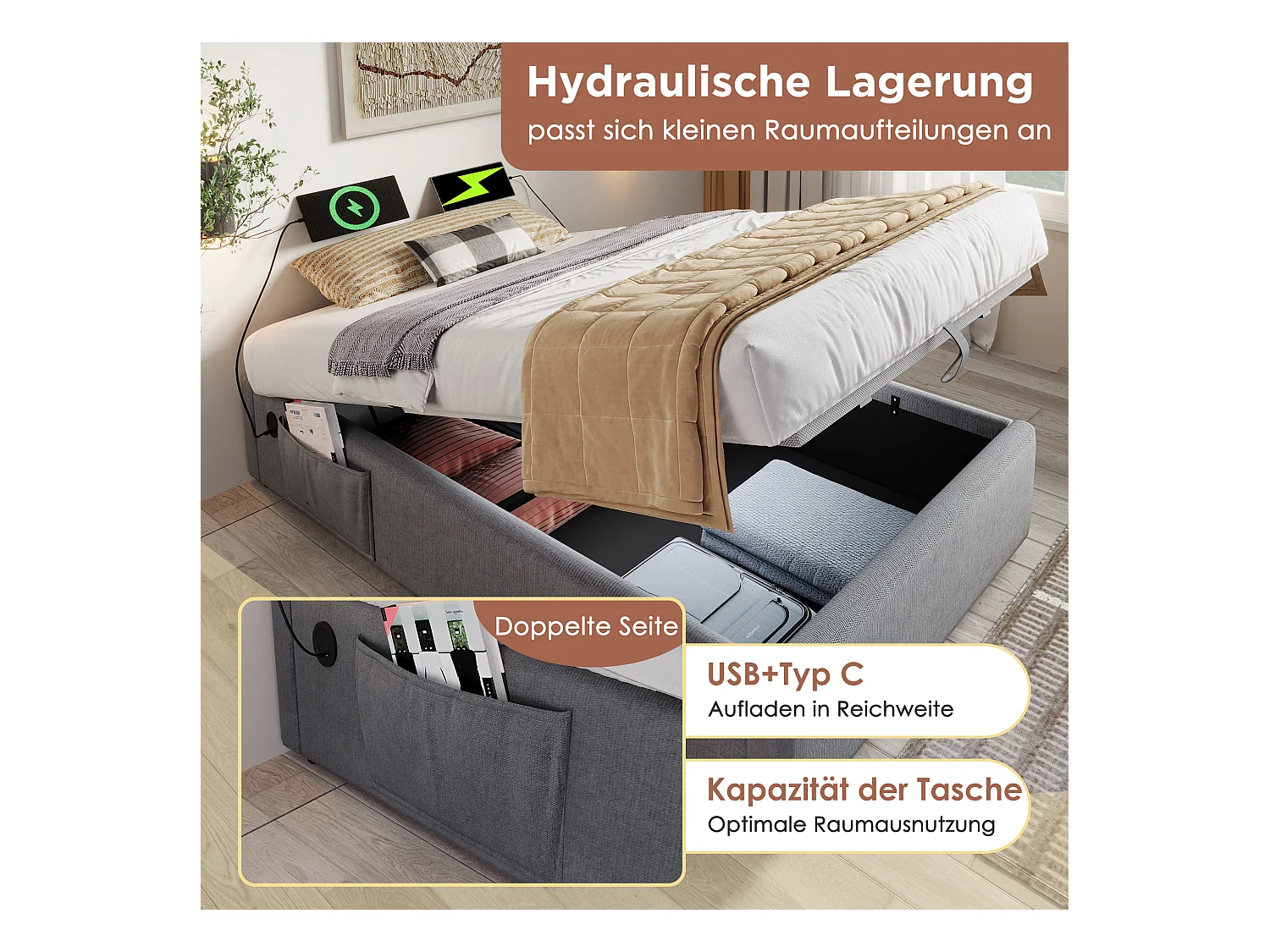 Lit enfant rembourré - 90 x 200 cm - avec bibliothèque + rangement hydraulique + USB - lin + bois - gris