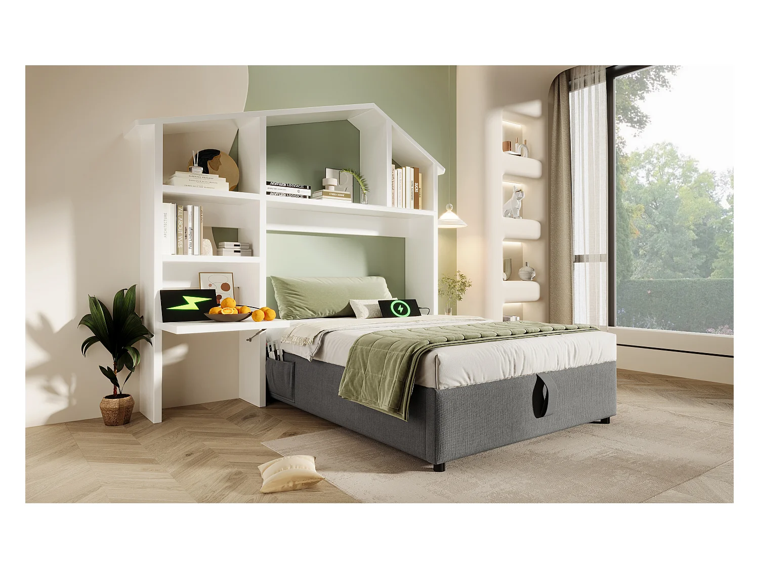 Lit enfant rembourré - 90 x 200 cm - avec bibliothèque + rangement hydraulique + USB - lin + bois - gris