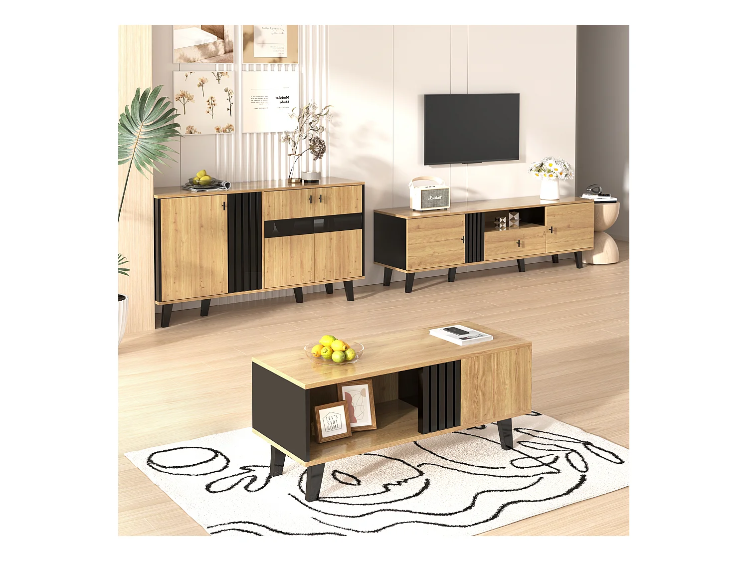 Ensemble de meubles de salon 3 pièces - table basse + meuble TV + buffet – Verre + aggloméré - naturel