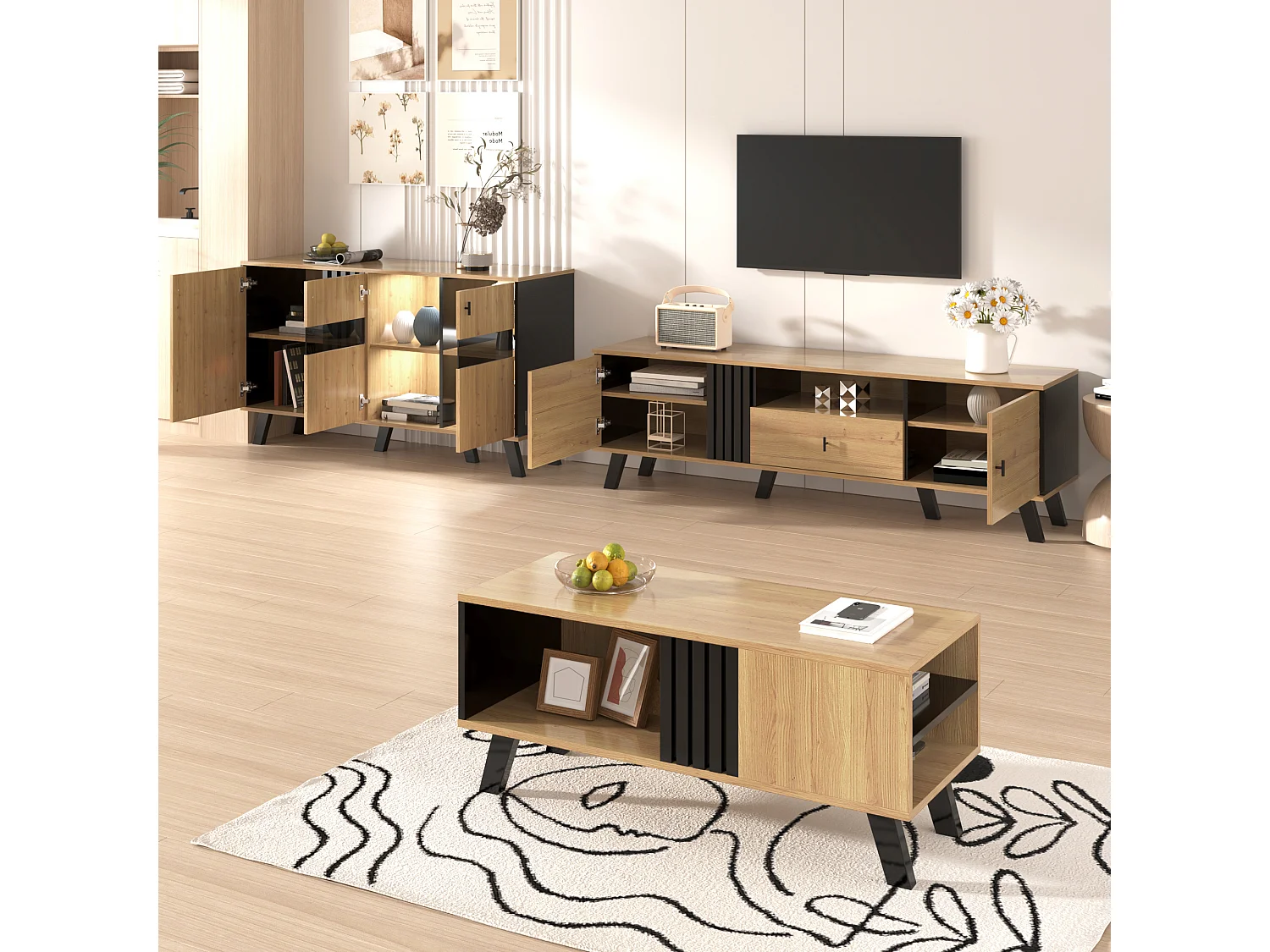 Zestaw mebli do salonu 3-częściowy - stolik kawowy + szafka RTV + kredens - szkło + płyta wiórowa - naturalny