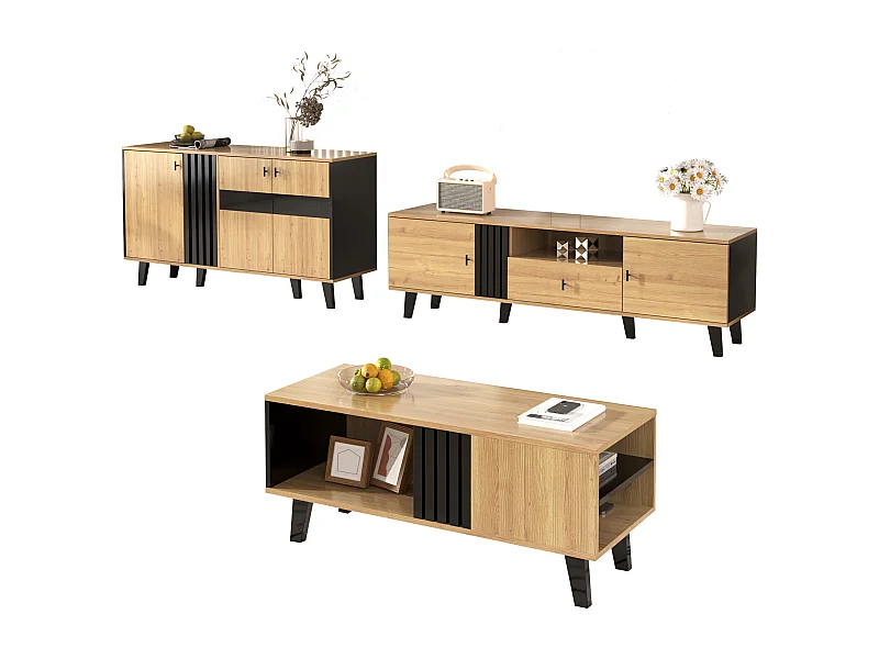 Ensemble de meubles de salon 3 pièces - table basse + meuble TV + buffet – Verre + aggloméré - naturel