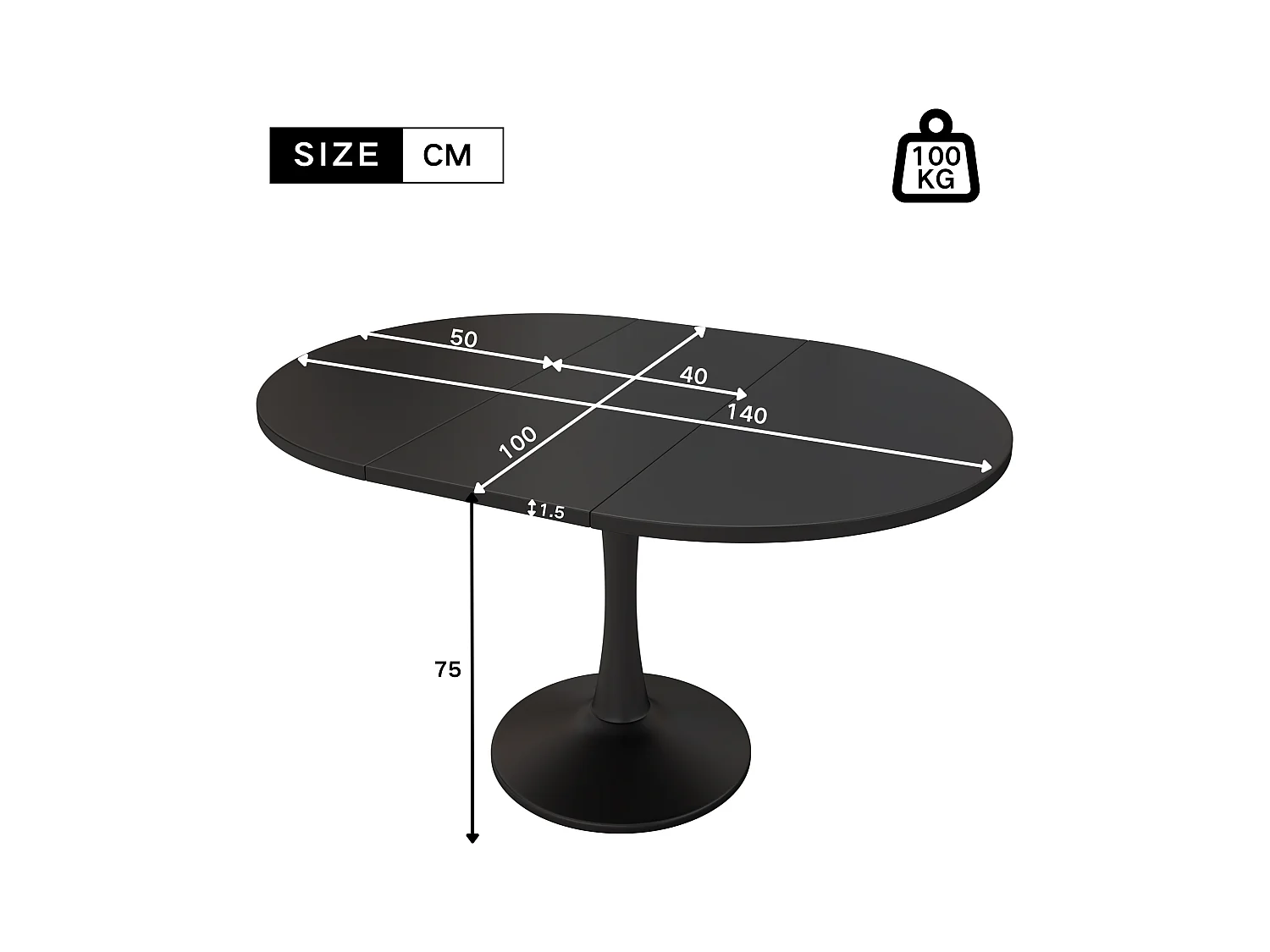 Table à manger extensible - 100/140 x 100 x 75 cm - simple et moderne - MDF - noir