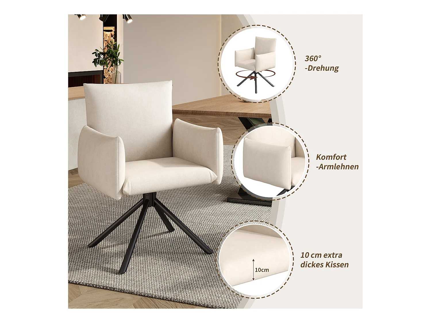 Lot de 2 chaises de salle à manger - 60 x 60 x 88 cm - chaises rembourré - pivotante à 360 ° - velours - beige