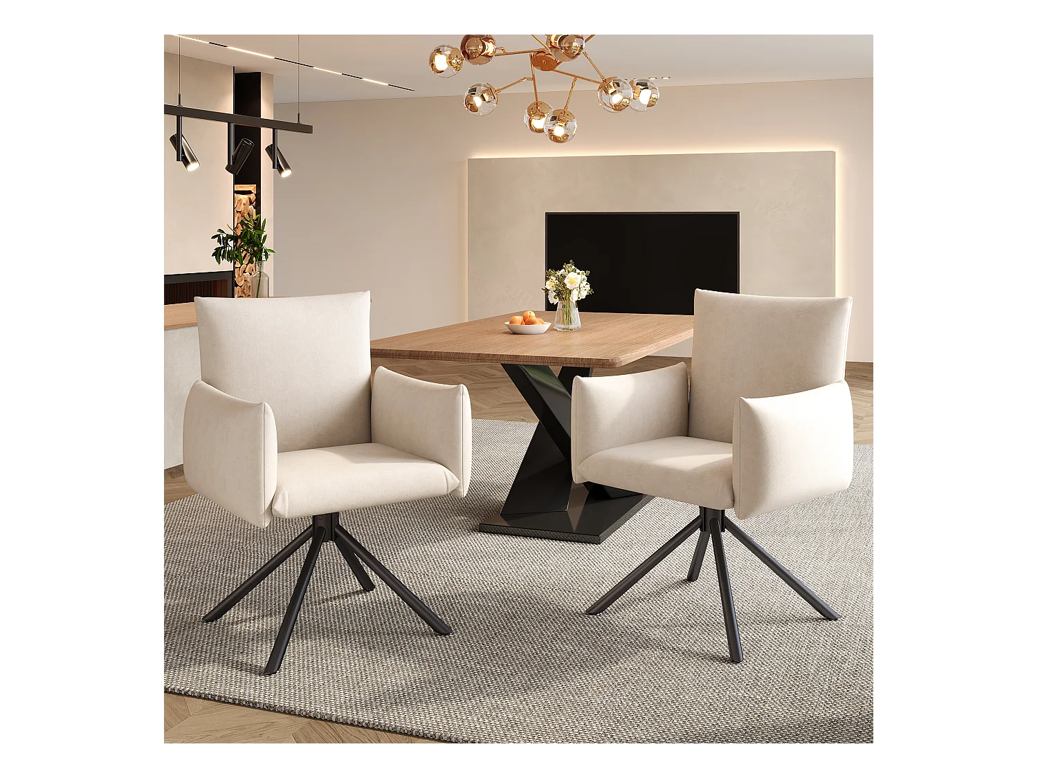 Lot de 2 chaises de salle à manger - 60 x 60 x 88 cm - chaises rembourré - pivotante à 360 ° - velours - beige