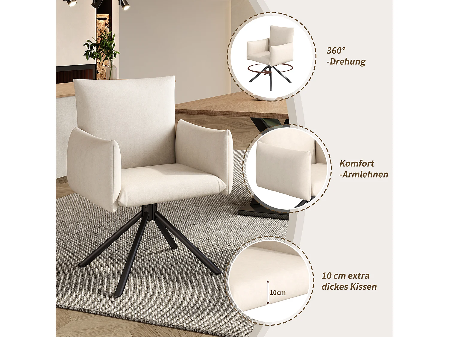 Lot de 2 chaises de salle à manger - 60 x 60 x 88 cm - chaises rembourré - pivotante à 360 ° - velours - beige