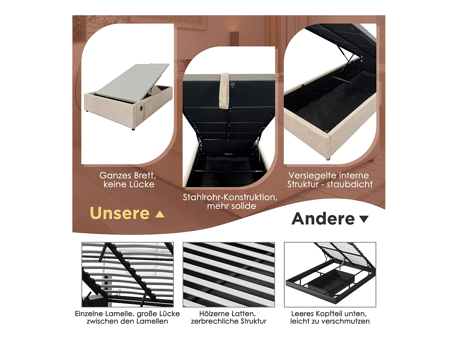 Lit enfant rembourré - 90 x 190 cm - avec bibliothèque + rangement hydraulique + USB - lin + bois - naturel