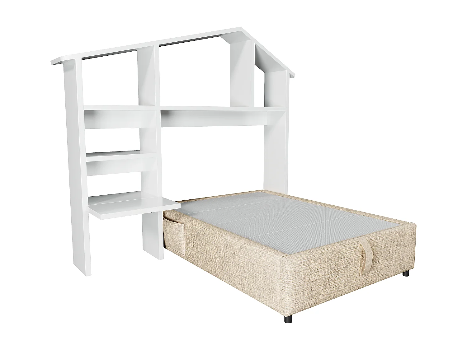 Lit enfant rembourré - 90 x 190 cm - avec bibliothèque + rangement hydraulique + USB - lin + bois - naturel