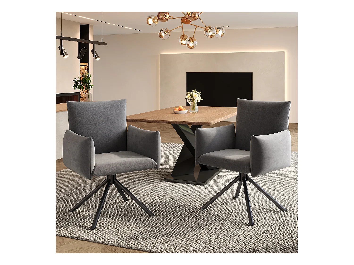 Lot de 2 chaises de salle à manger - 60 x 60 x 88 cm - chaises rembourré - pivotante à 360 ° - velours - gris