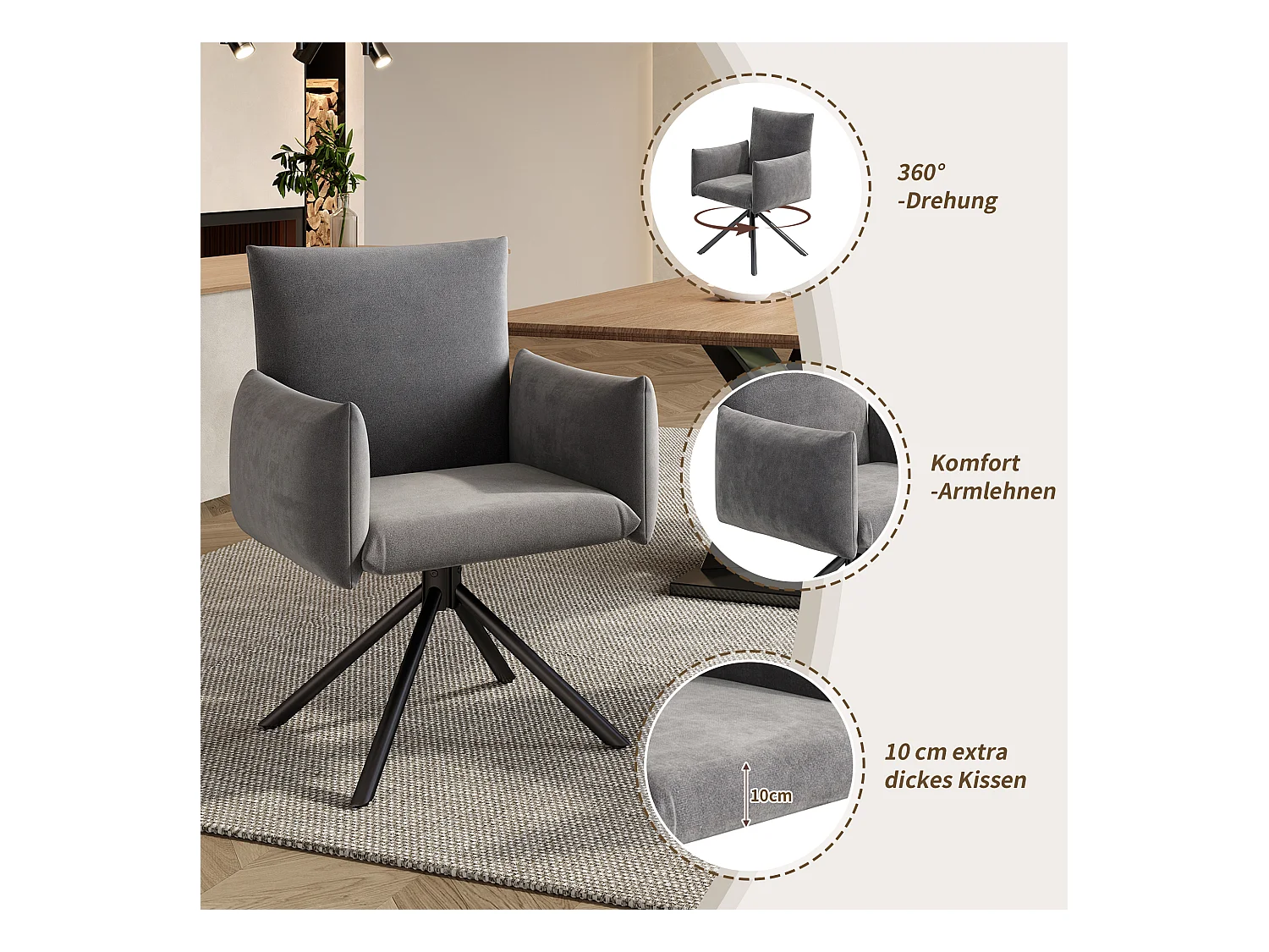 Lot de 2 chaises de salle à manger - 60 x 60 x 88 cm - chaises rembourré - pivotante à 360 ° - velours - gris