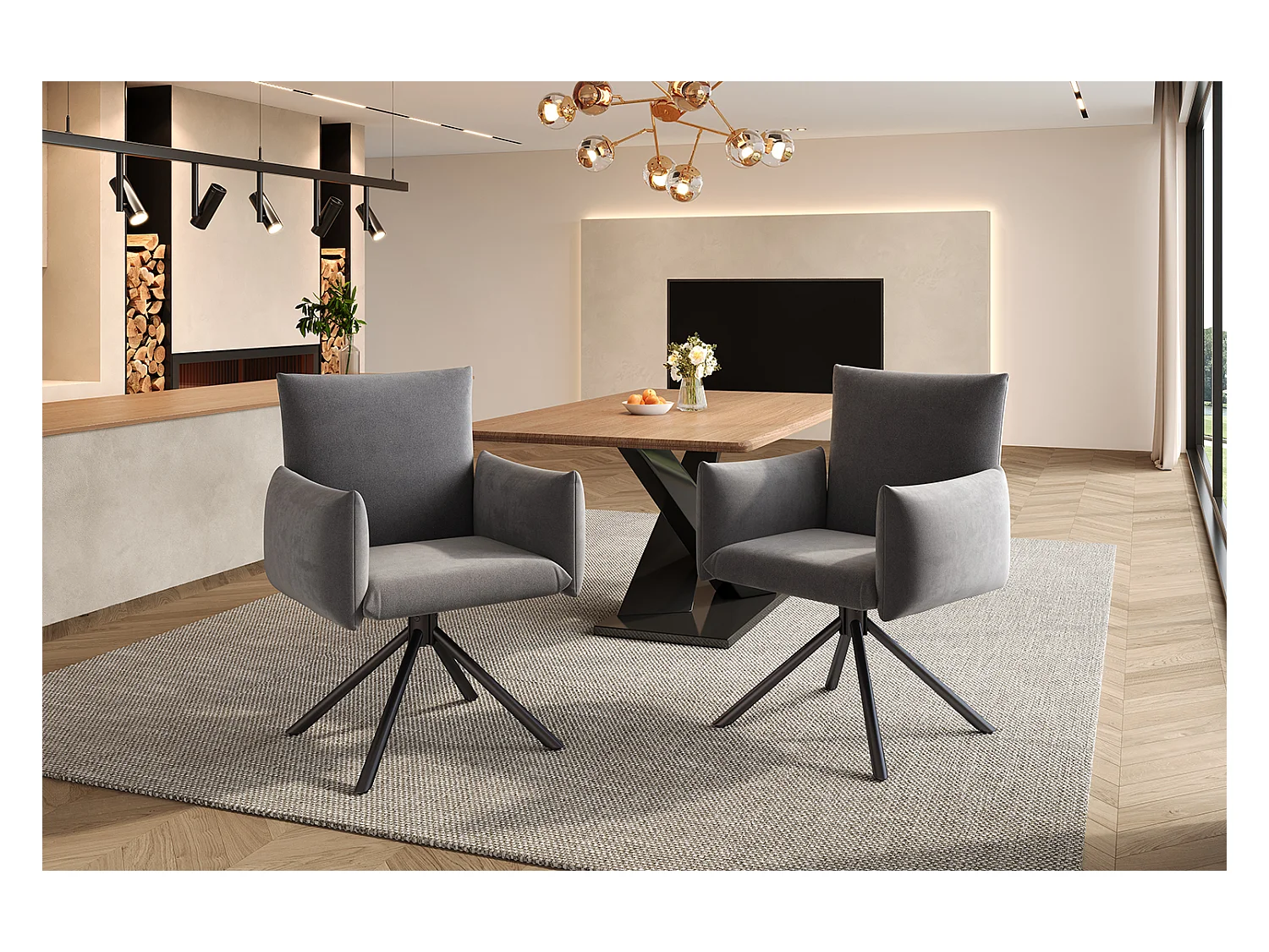 Lot de 2 chaises de salle à manger - 60 x 60 x 88 cm - chaises rembourré - pivotante à 360 ° - velours - gris