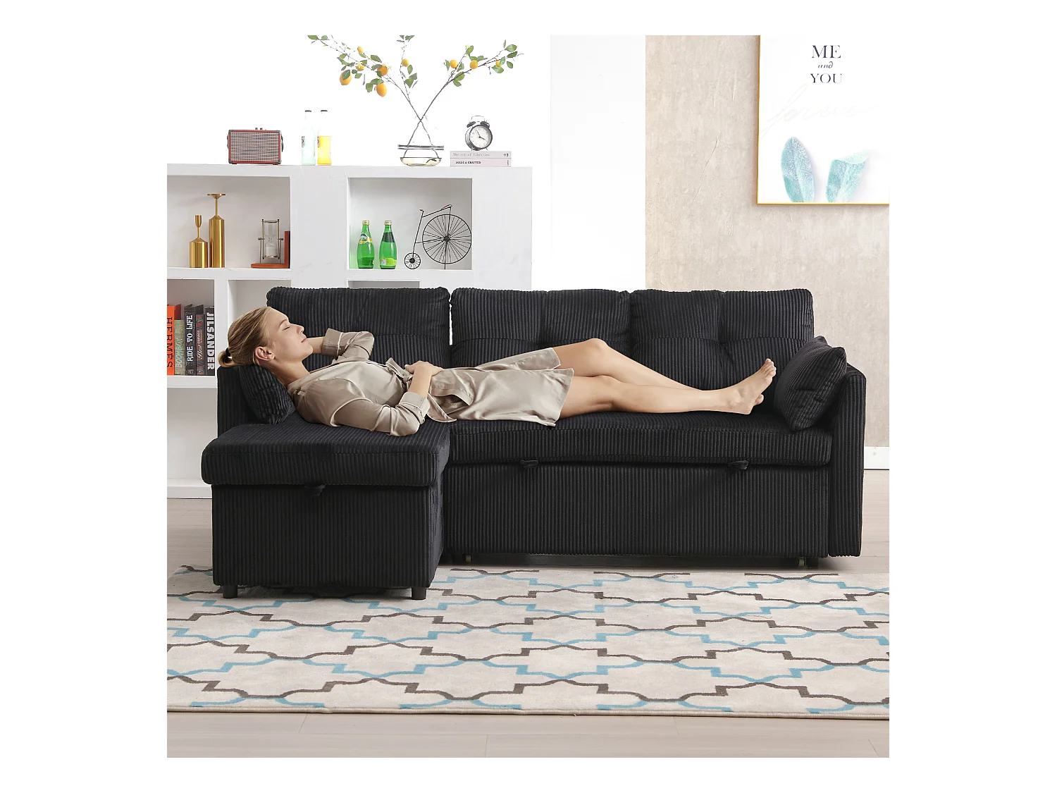 Canapé 3 places convertible - 206 x 130 x 88 cm - canapé modulaire - avec rangement - velours - noir