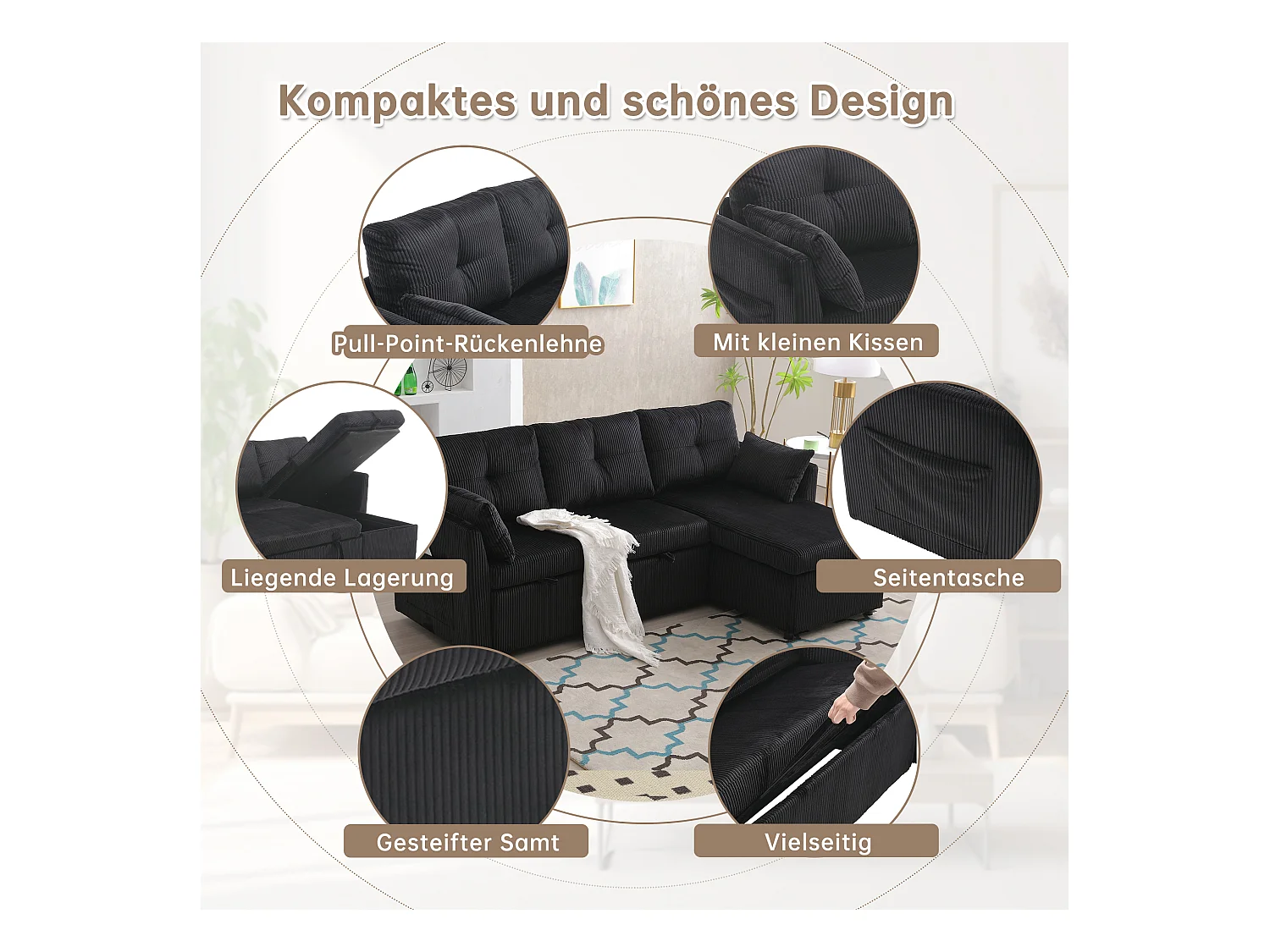 Canapé 3 places convertible - 206 x 130 x 88 cm - canapé modulaire - avec rangement - velours - noir