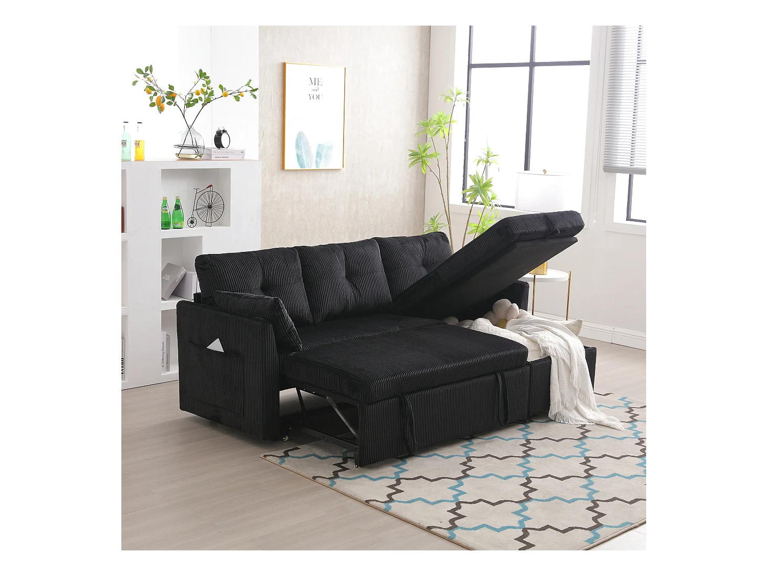 Canapé 3 places convertible - 206 x 130 x 88 cm - canapé modulaire - avec rangement - velours - noir