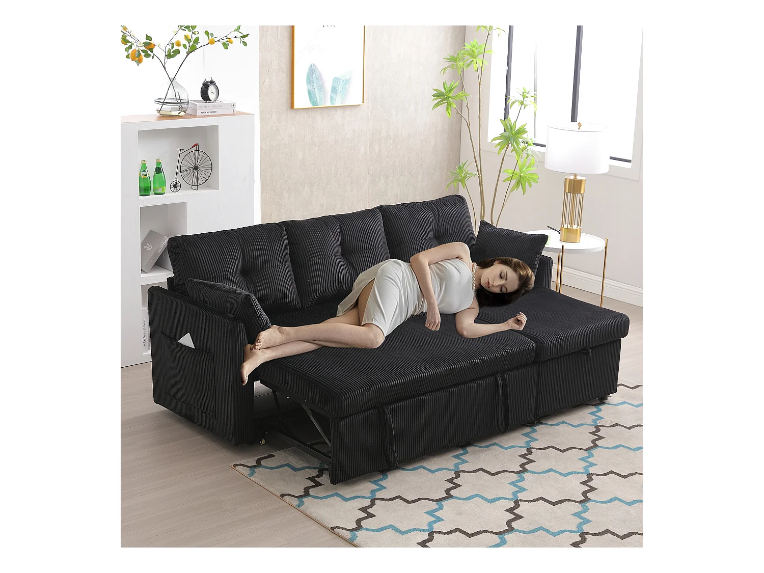 Canapé 3 places convertible - 206 x 130 x 88 cm - canapé modulaire - avec rangement - velours - noir