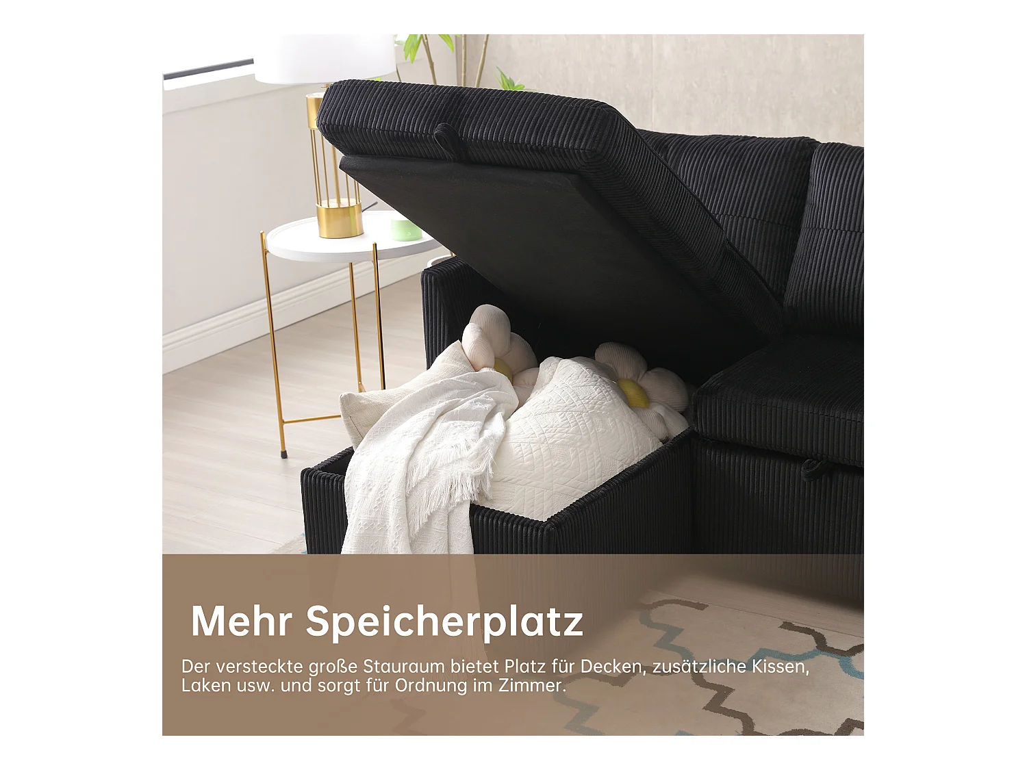 Canapé 3 places convertible - 206 x 130 x 88 cm - canapé modulaire - avec rangement - velours - noir