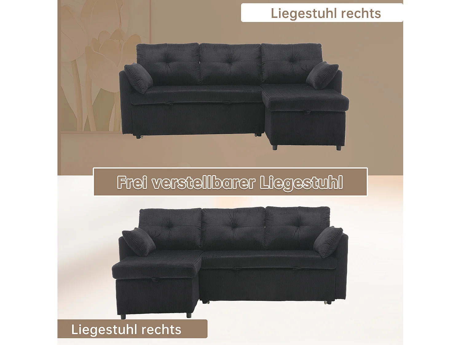 Divano trasformabile 3 posti - 206 x 130 x 88 cm - divano modulare - con contenitore - velluto - nero