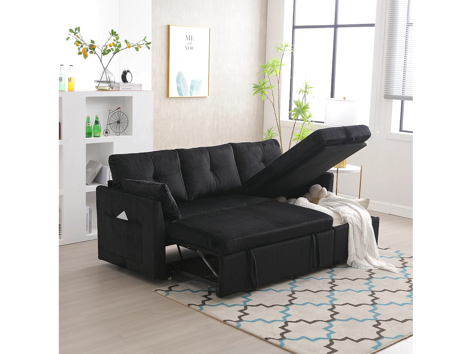 Divano trasformabile 3 posti - 206 x 130 x 88 cm - divano modulare - con contenitore - velluto - nero