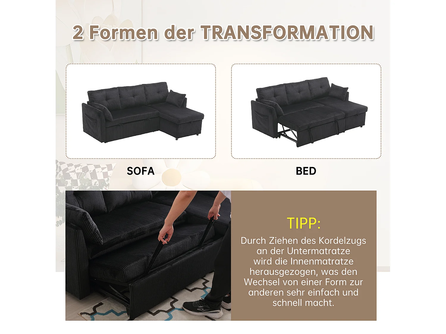 Divano trasformabile 3 posti - 206 x 130 x 88 cm - divano modulare - con contenitore - velluto - nero