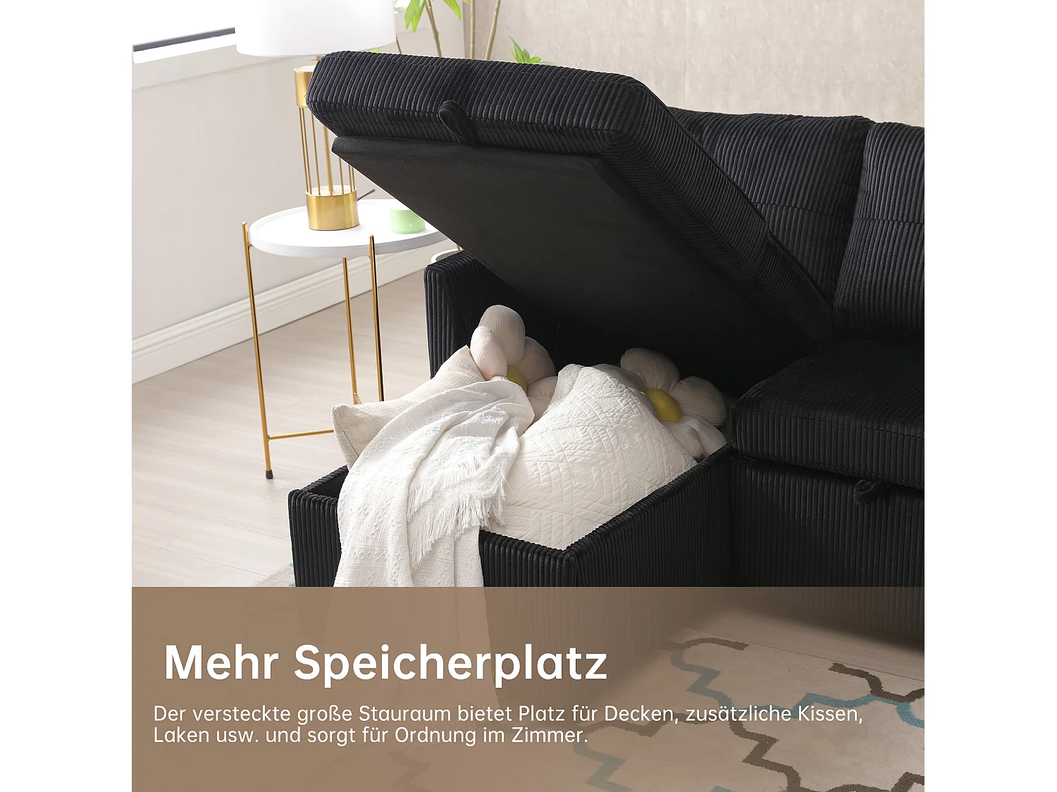 Divano trasformabile 3 posti - 206 x 130 x 88 cm - divano modulare - con contenitore - velluto - nero