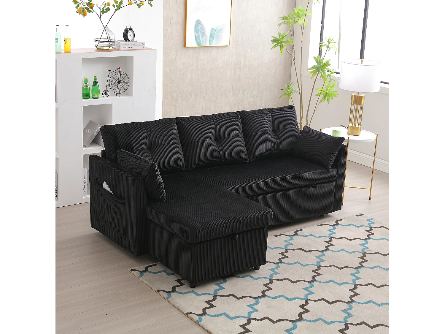 Divano trasformabile 3 posti - 206 x 130 x 88 cm - divano modulare - con contenitore - velluto - nero